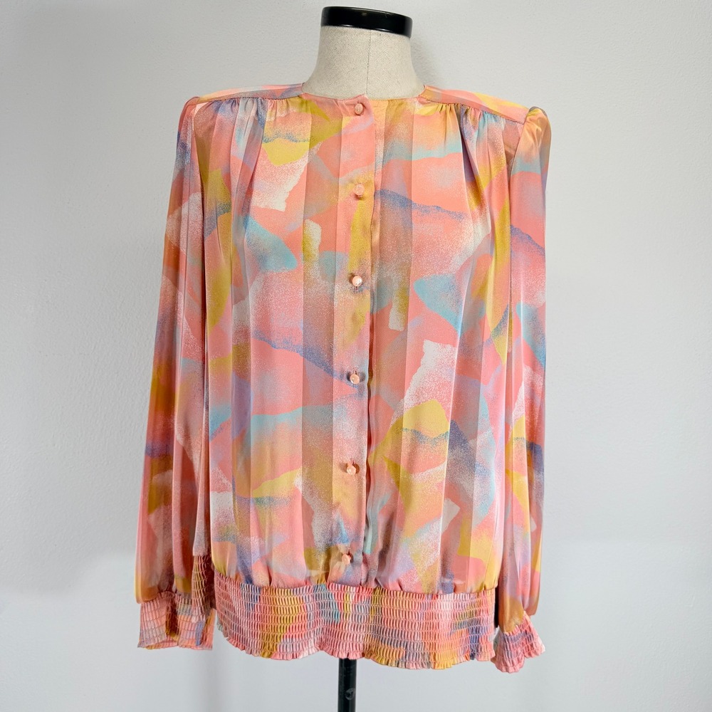 Philippe Marques VTG Pastel Abstract Print Smocked Blouse‎ Pink Yellow Size 12